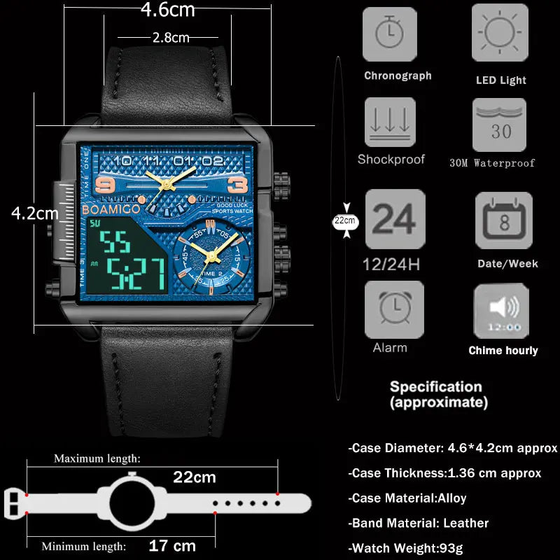BOAMIGO Watch 3 Time Zone square Large Dial Leather Quartz  Watches Waterproof