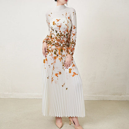 Pleated Top and Pleated Skirt Printed Elastic Stretch Free Size Two Piece Skirt Set