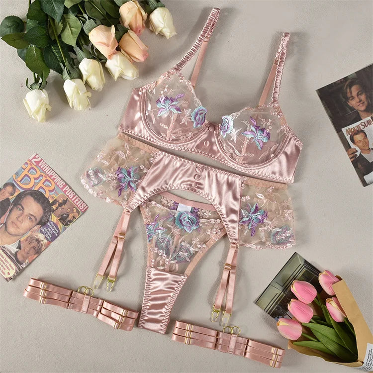 New Fun Underwear Perspective Set Colored Mesh Embroidery Bra Sexy and Tempting 4-piece Set