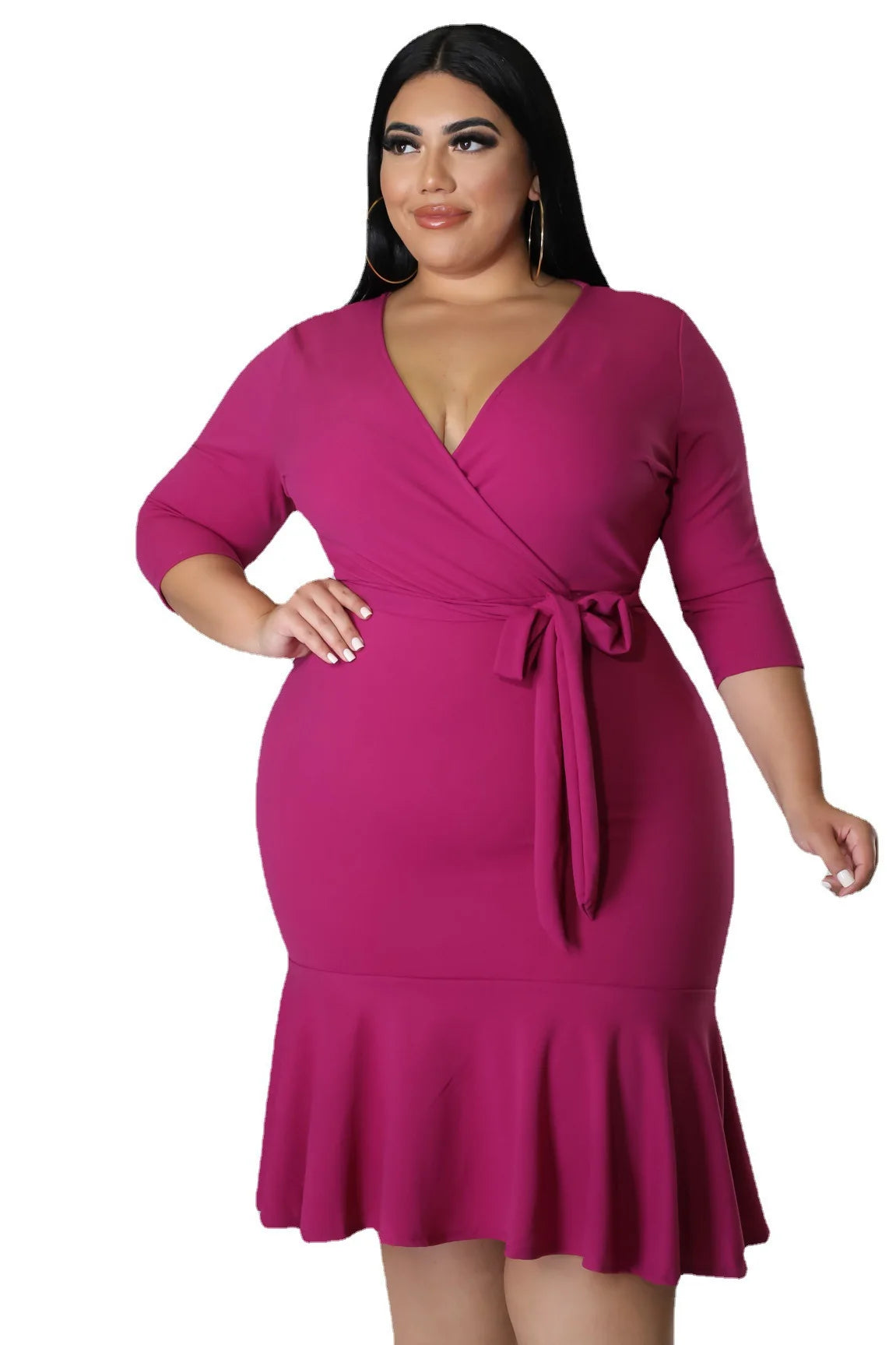 American Deep V Ruffle Formal Elegant  Short Sleeve Dresses for Women