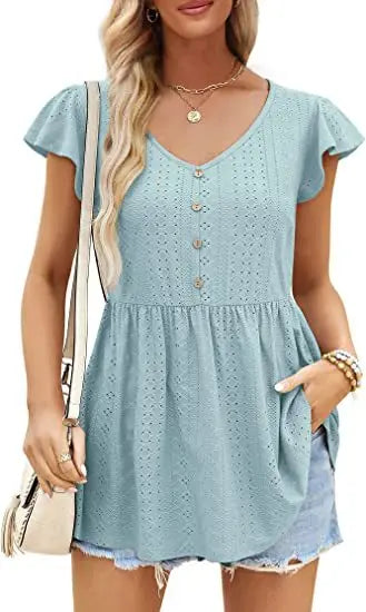 Cotton Summer Long T-shirt Tops Jacquard Knitting Holiday V-neck Button Ruffled Casual Slim Waist Short Dress