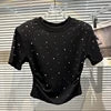 Summer Streetwear T-shirts Casual Rhinestone Diamond Shoulder Pad Short Sleeve T-shirt for Women