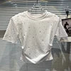 Summer Streetwear T-shirts Casual Rhinestone Diamond Shoulder Pad Short Sleeve T-shirt for Women