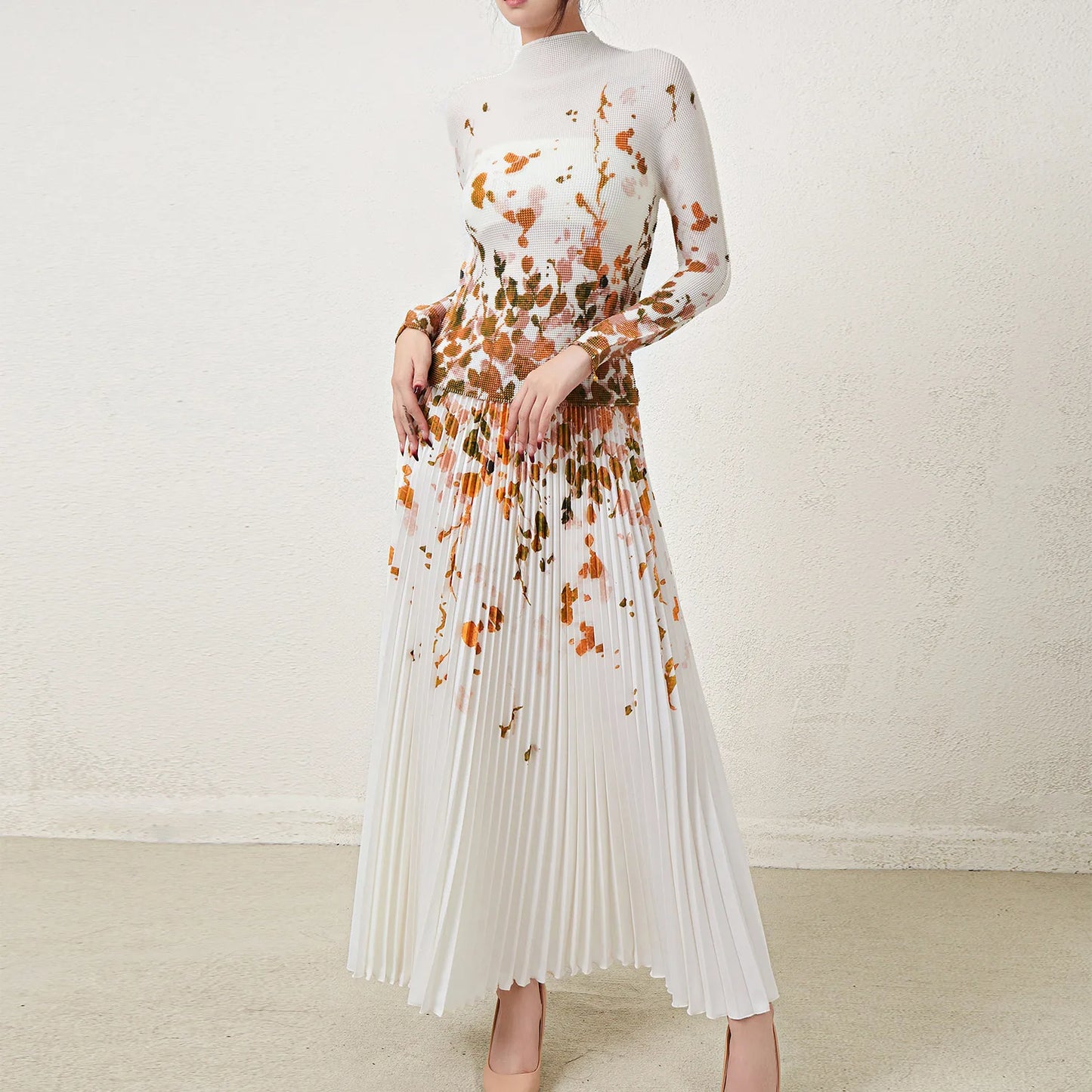 Pleated Top and Pleated Skirt Printed Elastic Stretch Free Size Two Piece Skirt Set