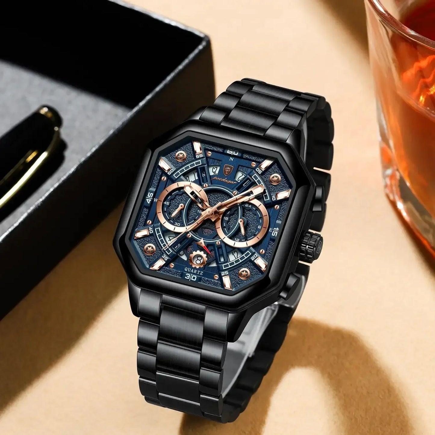 POEDAGAR New Fashion 983 Luxury Square Stainless Steel Quartz Men's Watches Waterproof Luminous Chronograph Watch for Men