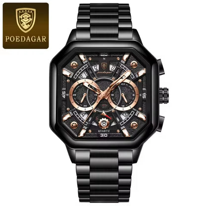 POEDAGAR New Fashion 983 Luxury Square Stainless Steel Quartz Men's Watches Waterproof Luminous Chronograph Watch for Men