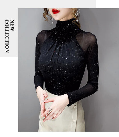Women Mesh top High neck Sexy Black bottoming t shirt Casual Bright silk Lady shirt Blusa
