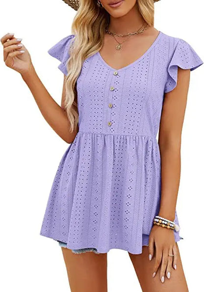 Cotton Summer Long T-shirt Tops Jacquard Knitting Holiday V-neck Button Ruffled Casual Slim Waist Short Dress