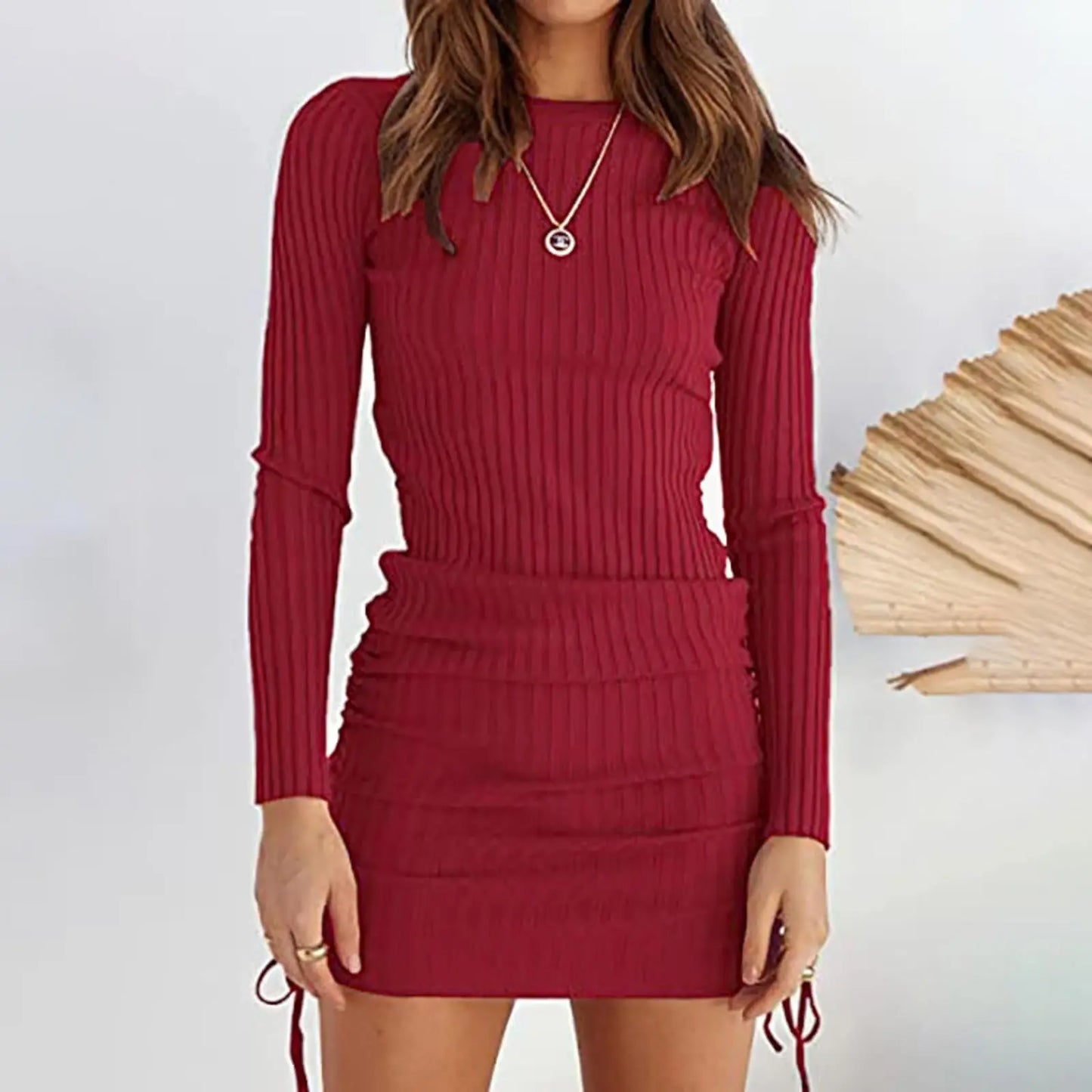 Style Women's Knitted Fitted Pleated Long-sleeved Dress Short Skirt