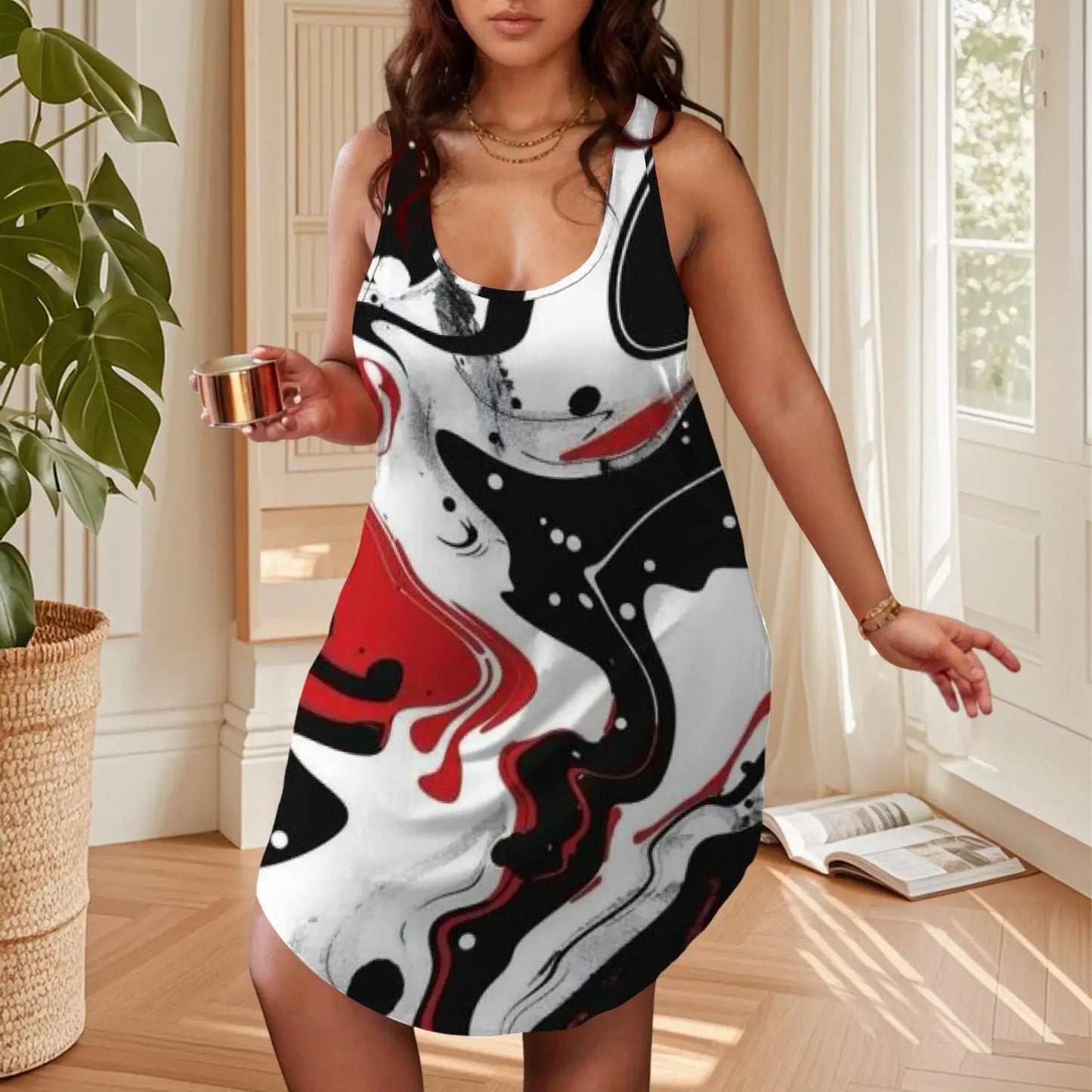 Red Black White Marble Sleeveless Sleeve T Sports dress Abstract Fluid Art Design Tee fashion Casual Summer Oversize Top