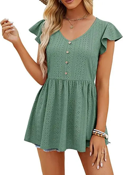Cotton Summer Long T-shirt Tops Jacquard Knitting Holiday V-neck Button Ruffled Casual Slim Waist Short Dress