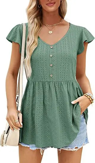 Cotton Summer Long T-shirt Tops Jacquard Knitting Holiday V-neck Button Ruffled Casual Slim Waist Short Dress