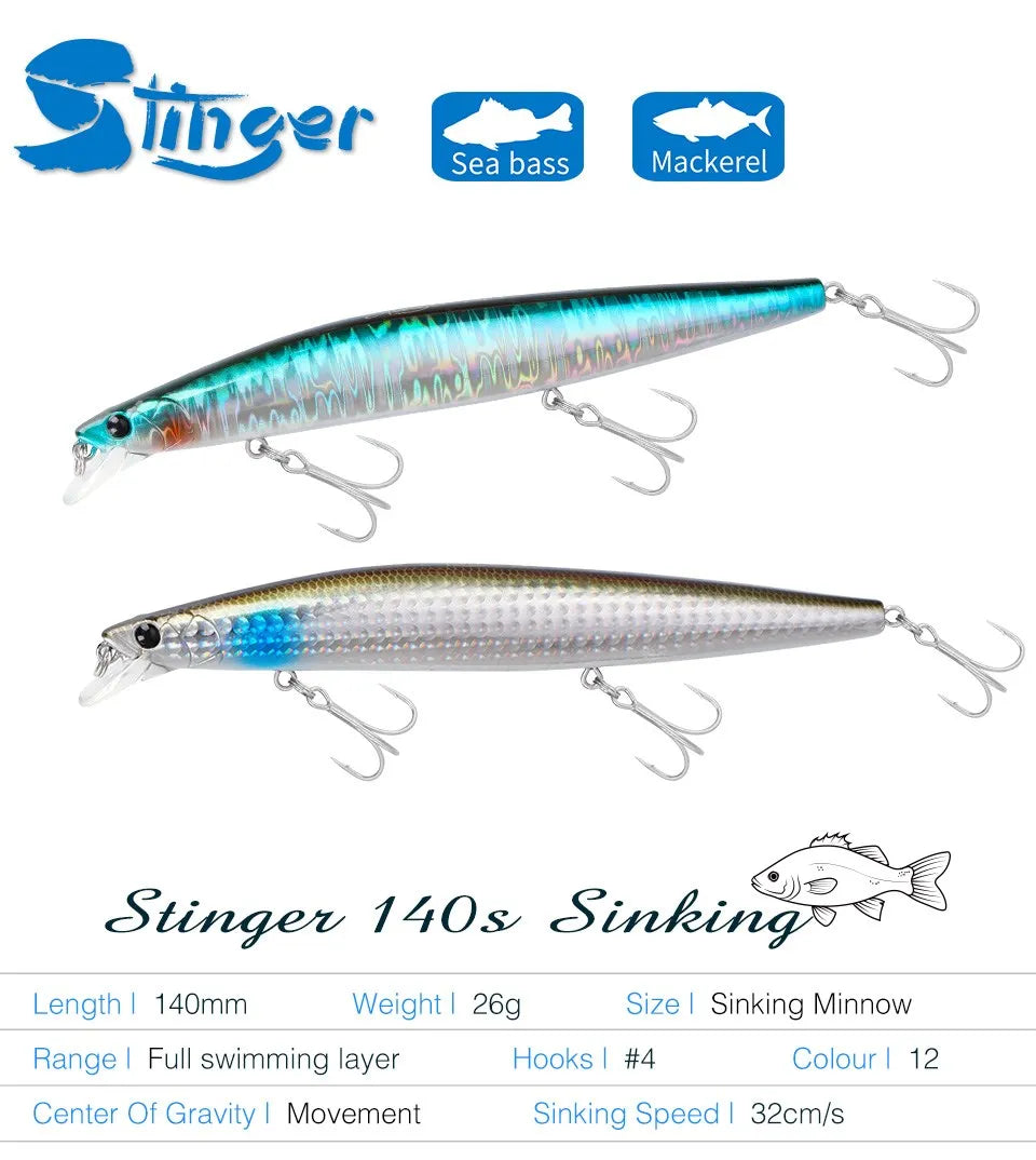 Sinking Minnow Fishing Baits140mm Saltwater Lures Pike Big Game Sea Fishing Tackle Stinger Hard Wobbler