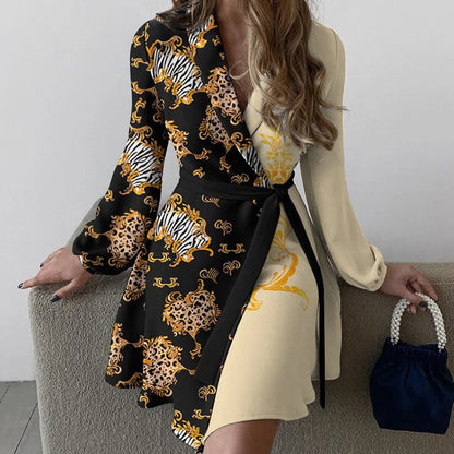 Floral Print Patchwork Office Lady Dress Spring Turn-down Collar Belted Mini Dress Autumn Long Sleeve Women Party Dress