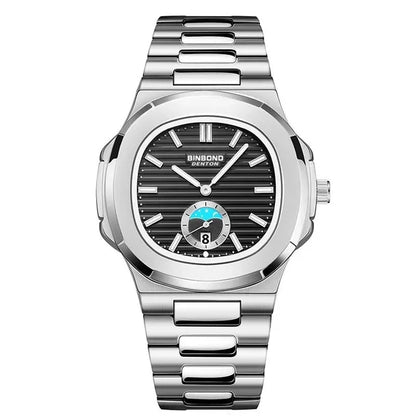 BINBOND B1786 1786 Luxury Casual Quartz Watch Fashion Square Dial Stainless Steel Calendar Luminous Waterproof Male Clock