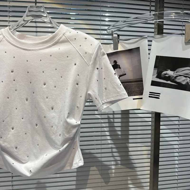 Summer Streetwear T-shirts Casual Rhinestone Diamond Shoulder Pad Short Sleeve T-shirt for Women