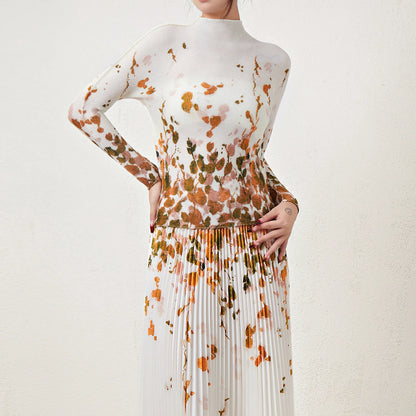 Pleated Top and Pleated Skirt Printed Elastic Stretch Free Size Two Piece Skirt Set