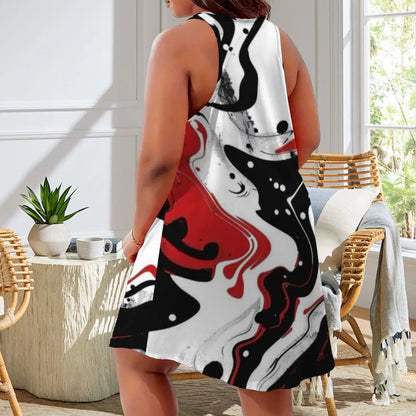 Red Black White Marble Sleeveless Sleeve T Sports dress Abstract Fluid Art Design Tee fashion Casual Summer Oversize Top