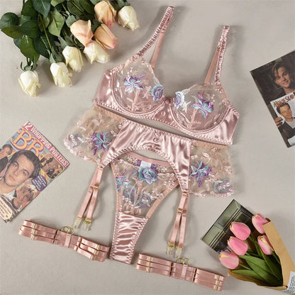 New Fun Underwear Perspective Set Colored Mesh Embroidery Bra Sexy and Tempting 4-piece Set
