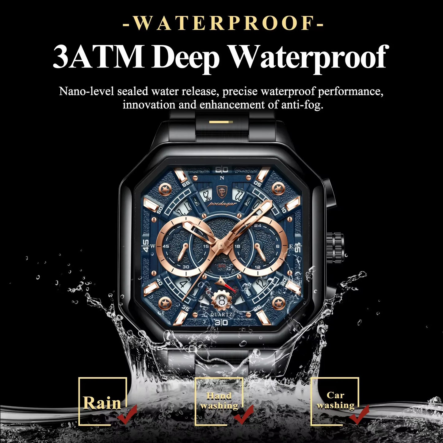 POEDAGAR New Fashion 983 Luxury Square Stainless Steel Quartz Men's Watches Waterproof Luminous Chronograph Watch for Men