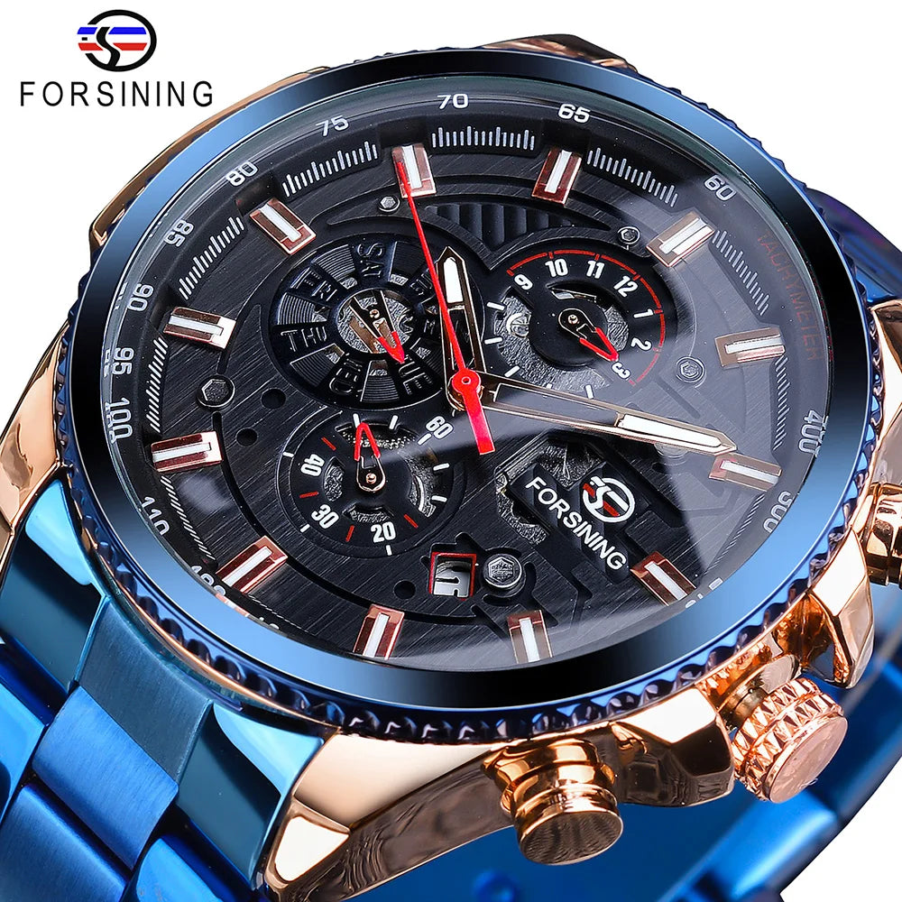 Forsining Three Dial Calendar Stainless Steel Men Mechanical Automatic Wrist Watches Top Brand Luxury Military Sport Male Clock