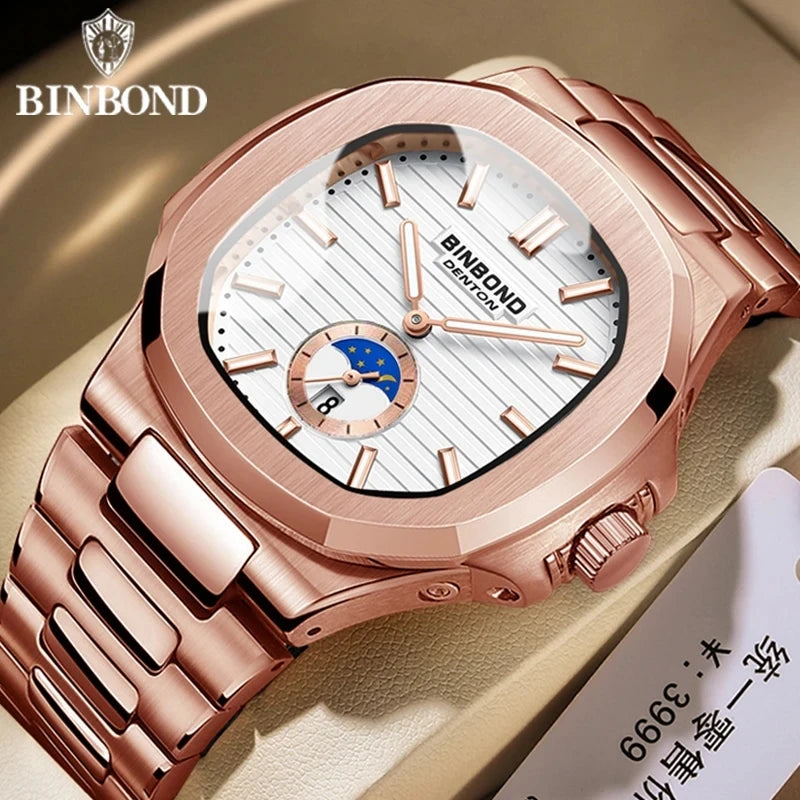 BINBOND B1786 1786 Luxury Casual Quartz Watch Fashion Square Dial Stainless Steel Calendar Luminous Waterproof Male Clock