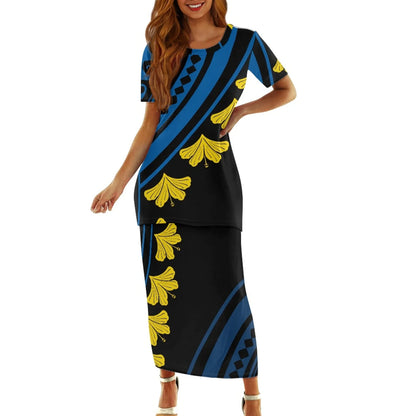 Samoa Tapa Puletasi PTaha Puletaha Samoan Dress & Maxi Skirt Set for Women Sweet Style 2Pcs Tops