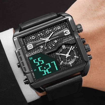 BOAMIGO Watch 3 Time Zone square Large Dial Leather Quartz  Watches Waterproof