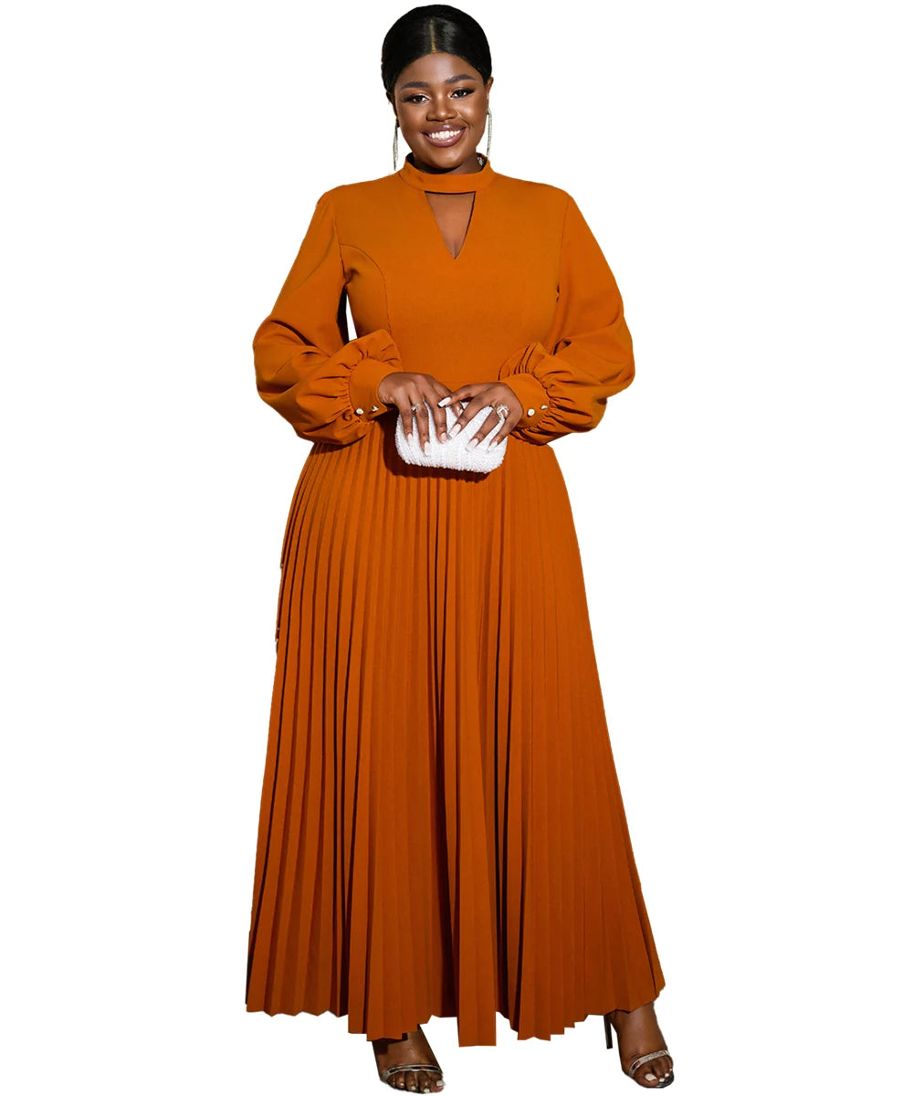 Long Lantern Sleeves Cut Out Maxi Curvy Women Pleated Dresses Plus Size