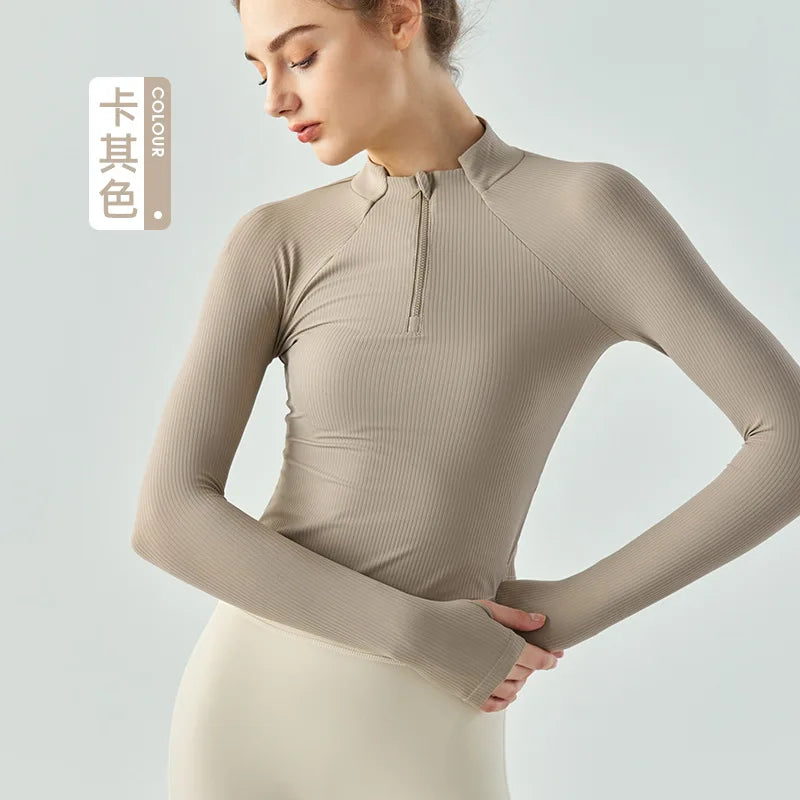 Fitness Long Sleeve Top Stand Collar Yoga Half Zipper Stretch Super Soft Nylon Compression Good Shir