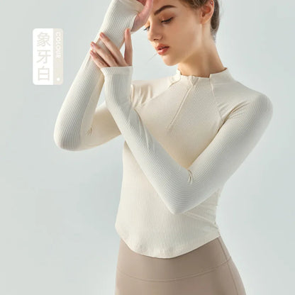 Fitness Long Sleeve Top Stand Collar Yoga Half Zipper Stretch Super Soft Nylon Compression Good Shir