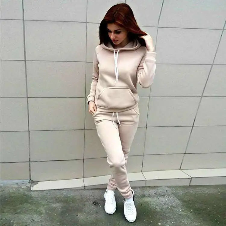 Hot Sale Fashion Women 2 Piece Set Hooded Tops + Pants Solid Winter Fleece Tracksuit Sweatshirt Sweater Hoodies Suits