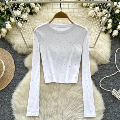 Long Sleeves Hotsweet O-neck Fashion Rhinestone Slim Top French Streetwear Sexy High Street Autumn Winter Women T-Shirts