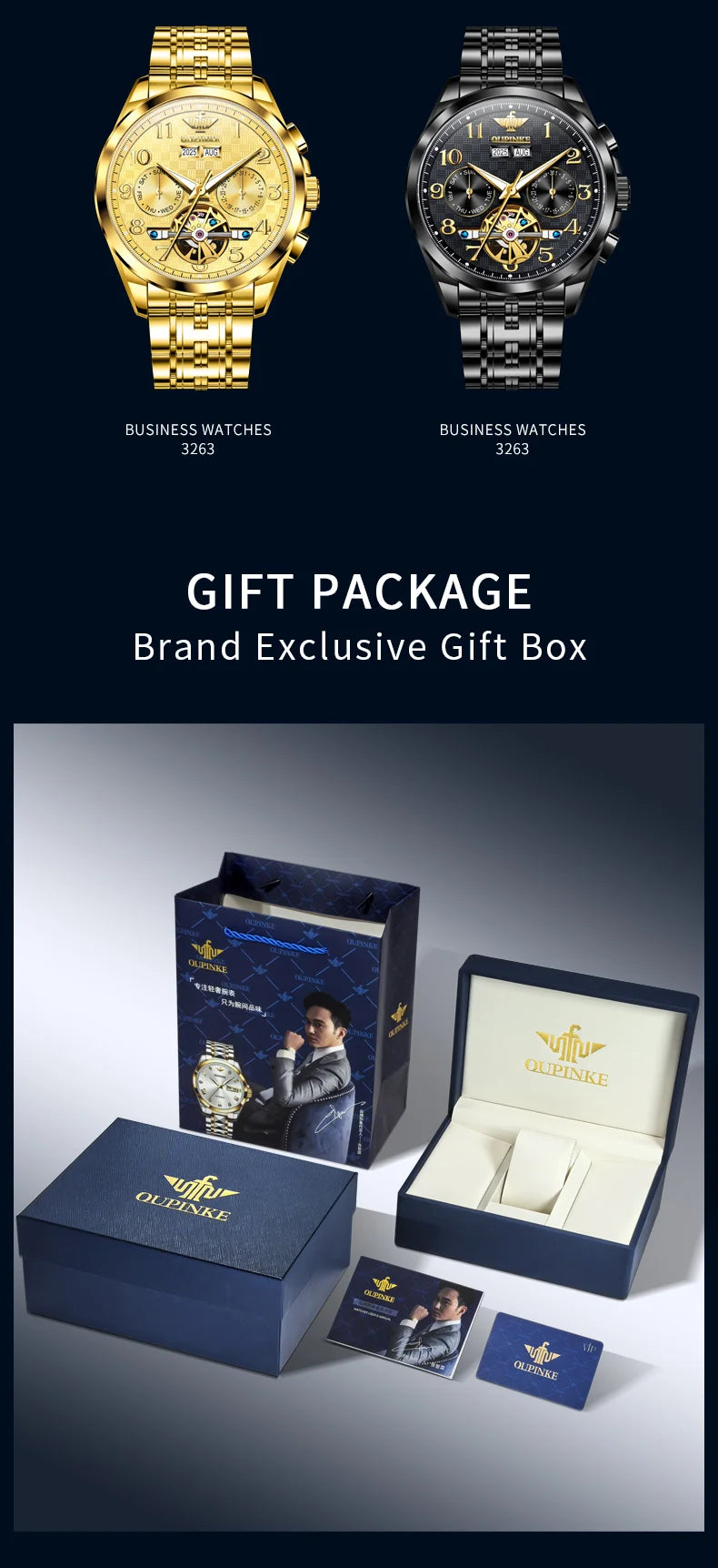 OUPINKE 3263 Mens Watch Luxury Flywheel Automatic Mechanical Watch﻿ 50M Waterproof Luminous Tungsten Steel Brand Watches New