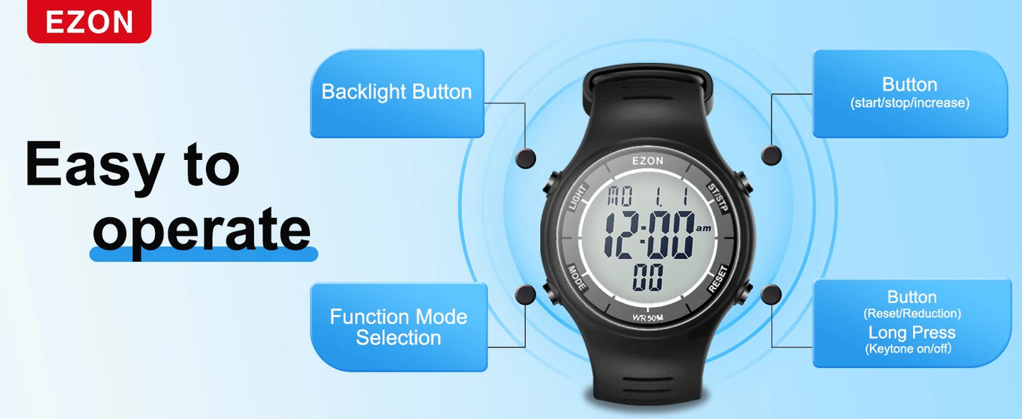 EZON Digital Sports Watch L008D, Waterproof Sports watch with Interval Timer/Chronograph/Lap Timing/Alarm for Men and Women