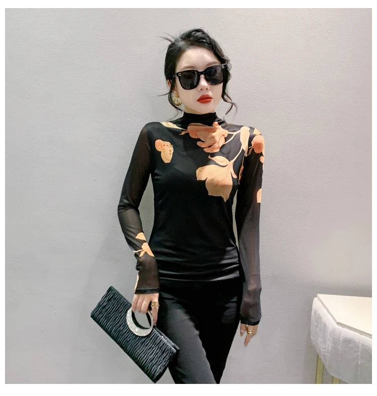 High Neck Long Sleeved Mesh Positioning Printed T-shirt Women Autumn Stretch Slim T Shirts Tops Female Base Tees HF8779