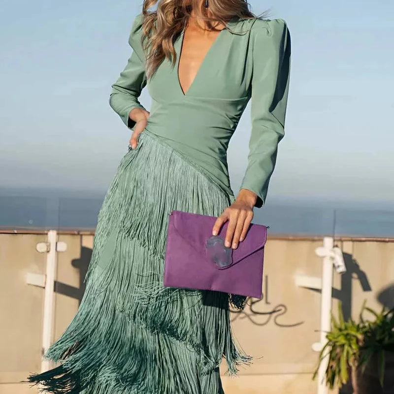 Solid Color Women Banquet Dresses French Style V-neck Long Sleeve Evening Dress Chic High Waist Pleated Tassel Hem Dress