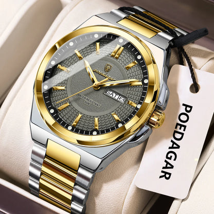 POEDAGAR Sport Original Men Clock Quartz Date Week Luxury Man Wristwatch Waterproof Luminous Stainless Steel Men's Watches Reloj