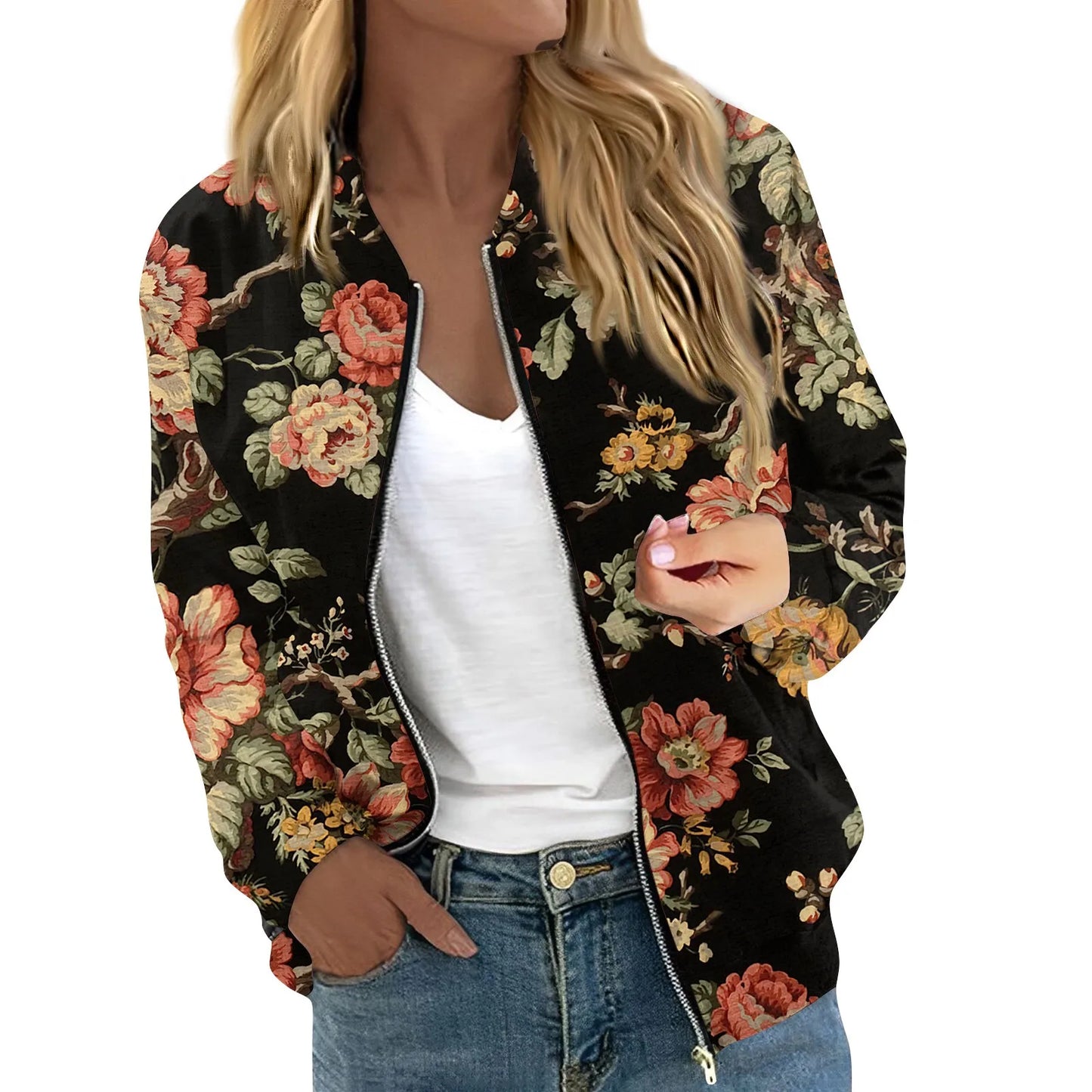 Women Elegant Zipper Bomber Jackets Spring Autumn Floral Printed Jackets Casual Coat Retro Outwear  Round Neck Zipper Jackets