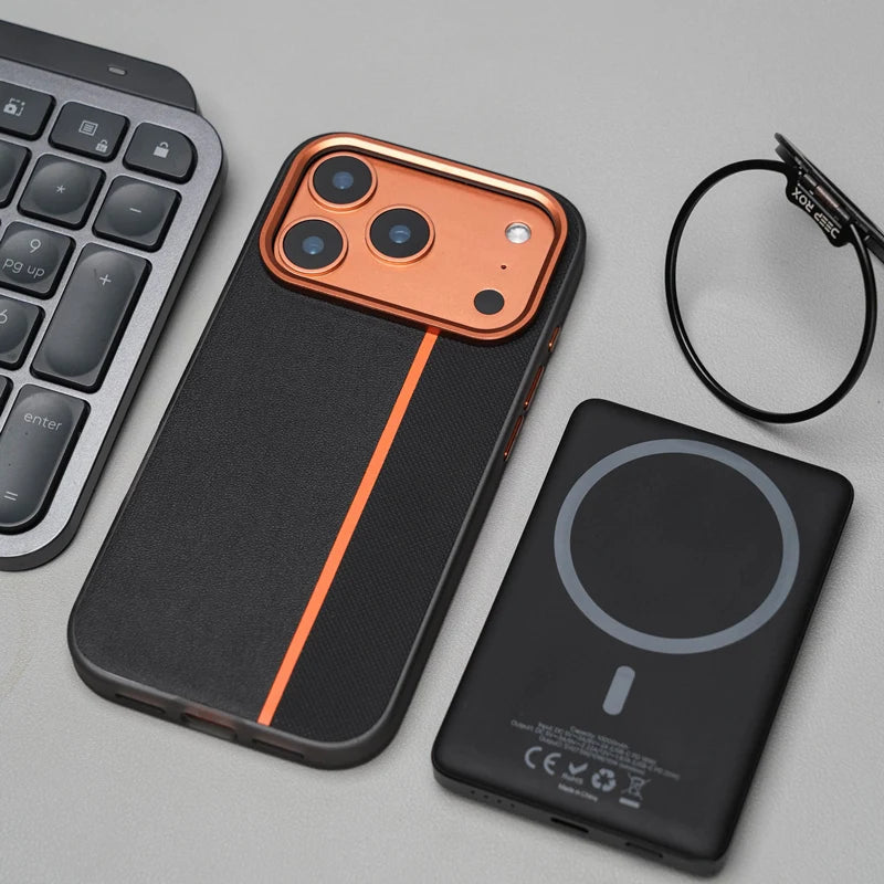 Hit Color PU Leather Texture MagSafe Shockproof Case For iPhone 17 17Pro Max 16 15 14 Alloy Lens Wireless Charging Frosted Cover