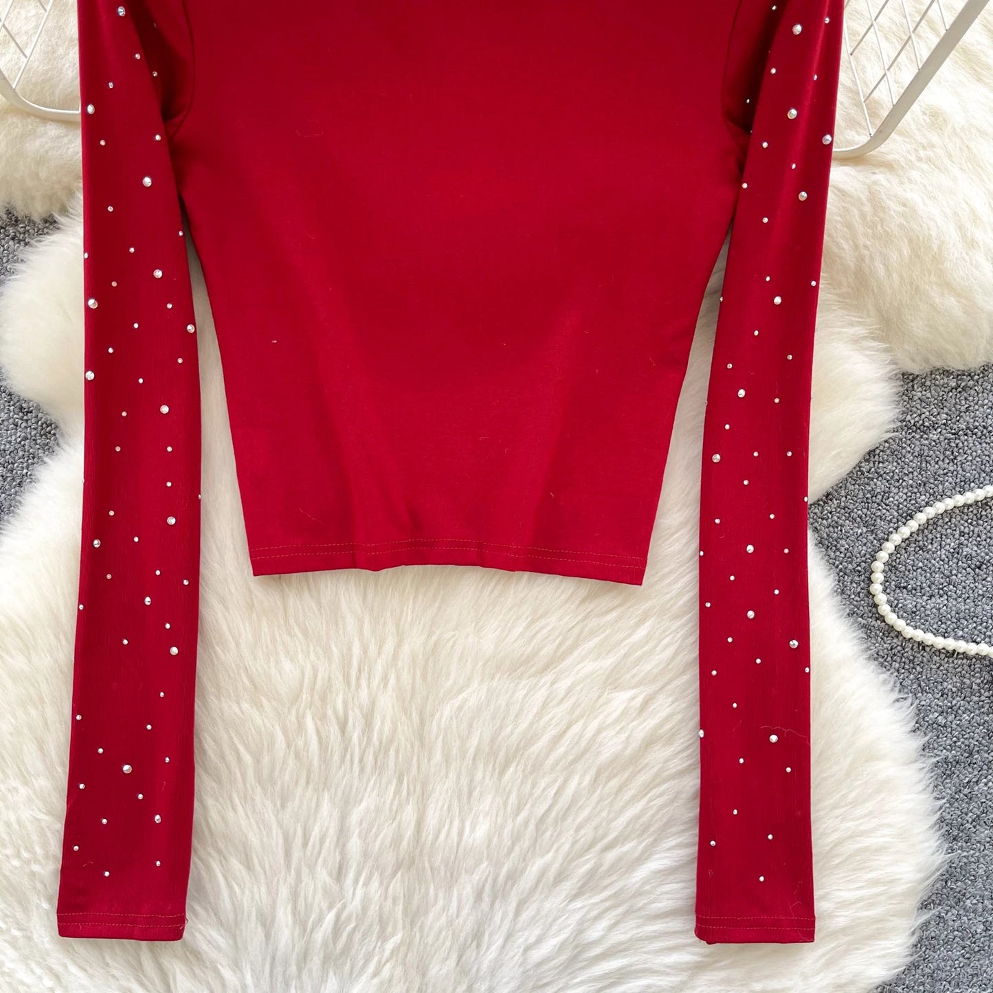 Long Sleeves Hotsweet O-neck Fashion Rhinestone Slim Top French Streetwear Sexy High Street Autumn Winter Women T-Shirts