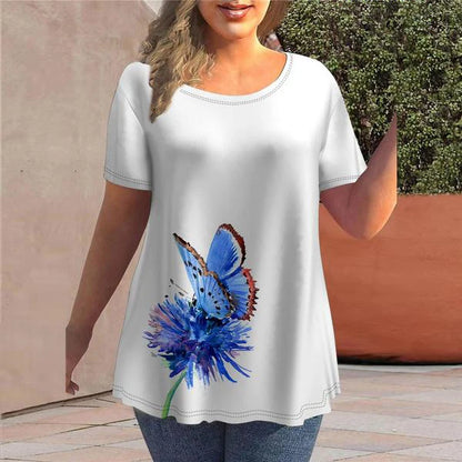 T-Shirts Spring Clothing Floral Graphic O-Neck Pullovers Short Sleeve Tops Streetwear Oversized Apparel Ladies 2023