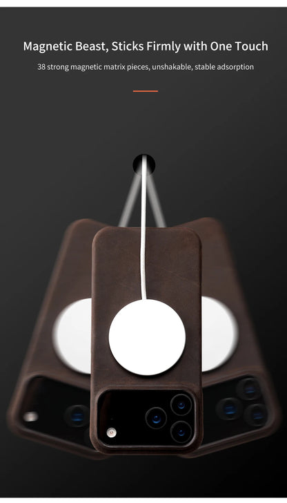 Case for iPhone 15 16 17 Pro Max 17Pro 17 Air 16Pro Retro Luxury Genuine PULL-UP Leather Magnetic Phone Back Cover