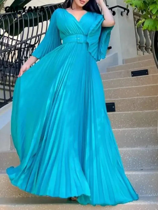 V-neck Flare Sleeve Big Swing Floor Length Maxi Long Dresses  Women Autumn Winter Party Prom Dress
