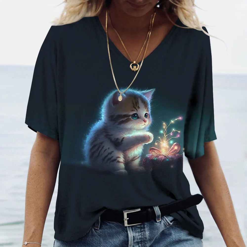 T-shirt Kawaii Cat Print 3D T Shirt Top Girls Y2k Clothing Summer Short Sleeve Tees V-neck Casual Holiday Female T-shirt