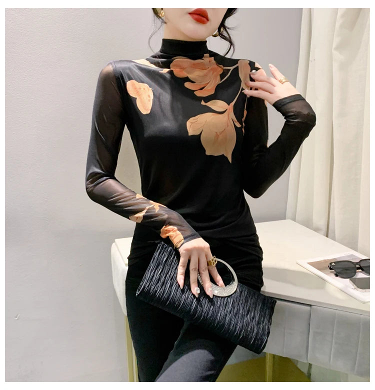High Neck Long Sleeved Mesh Positioning Printed T-shirt Women Autumn Stretch Slim T Shirts Tops Female Base Tees HF8779