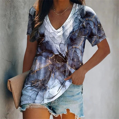 Colorful Tassels Print T-Shirt Fashion Women's Short Sleeve V-Neck T-Shirt Summer Casual Elegant Women's Large Size T-Shirt