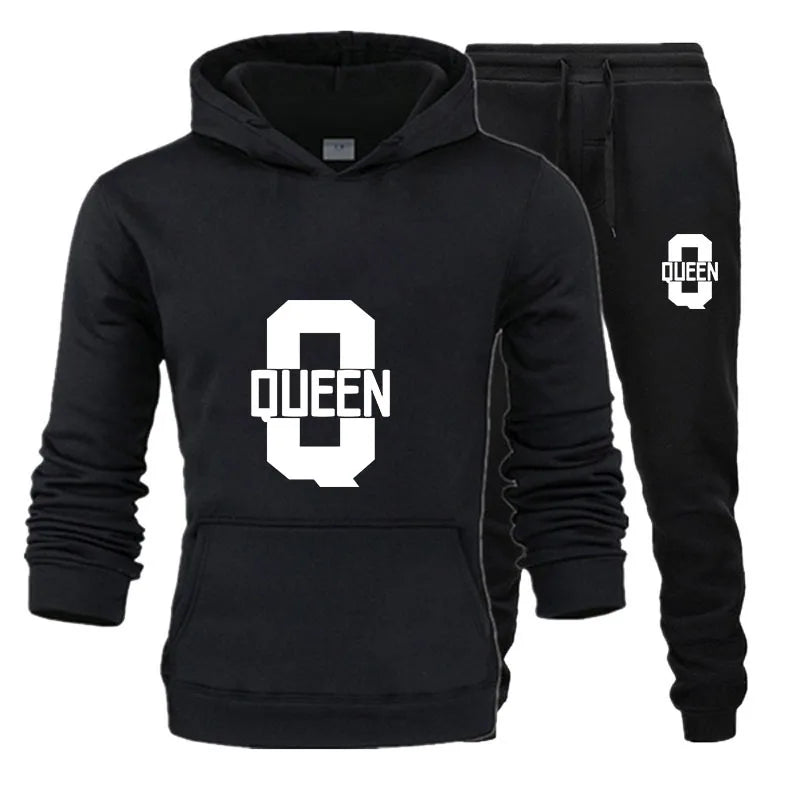 Fashion Lover Couple Clothing Sportwear Set KING QUEEN Printed Hooded Clothes 2PCS Set Women Hoodie and Pants Suit Hoodies