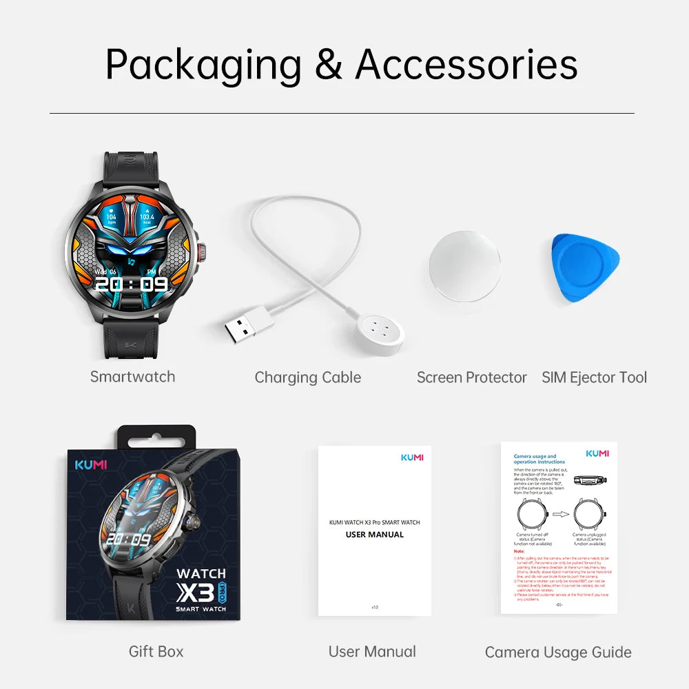 KUMI Watch X3 Pro Android 4G WiFi Smartwatch, 1.75" AMOLED, GPS, 200MP Camera, 32GB, Waterproof, Fitness Tracking Smart Watch