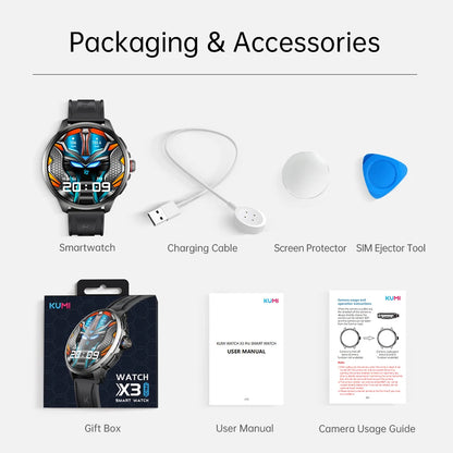 KUMI Watch X3 Pro Android 4G WiFi Smartwatch, 1.75" AMOLED, GPS, 200MP Camera, 32GB, Waterproof, Fitness Tracking Smart Watch
